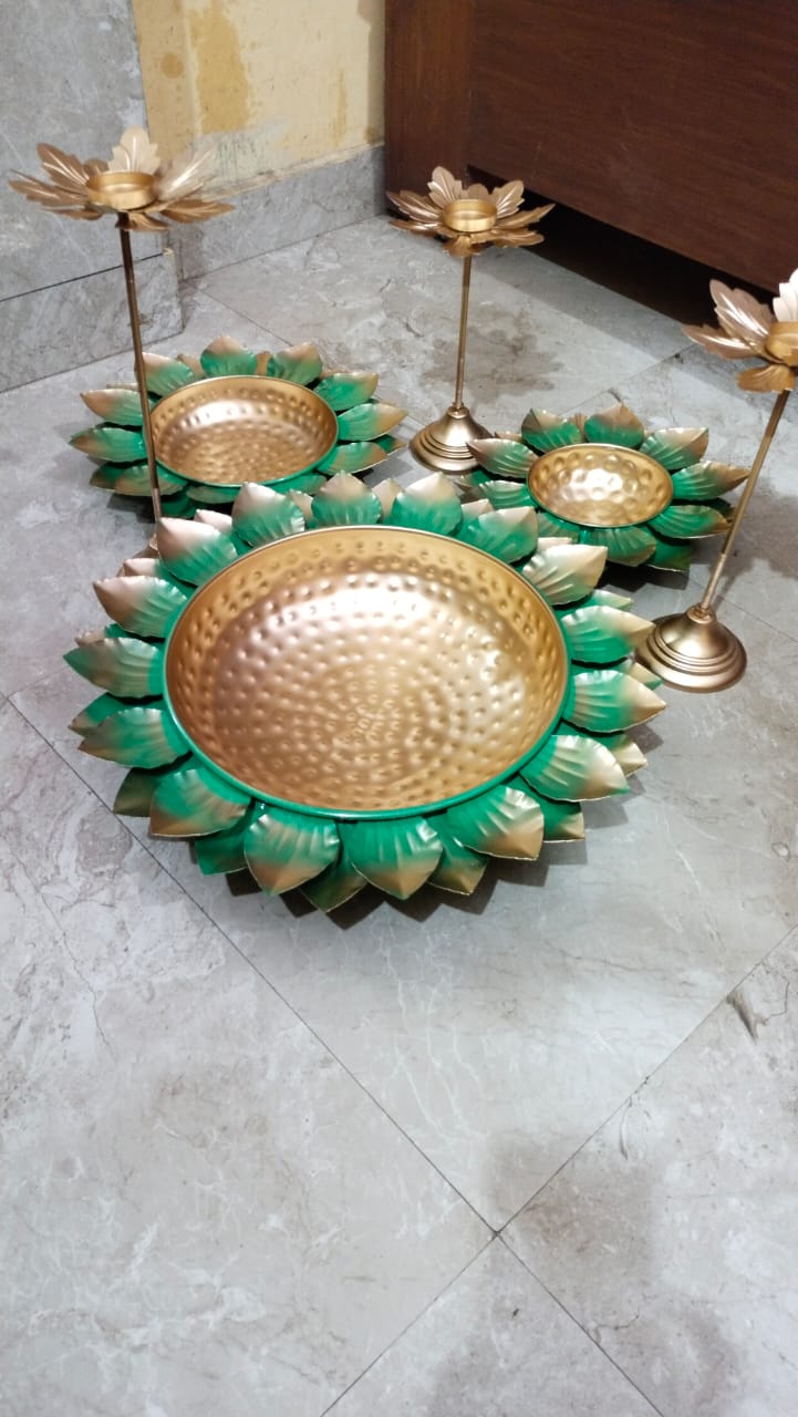 Green Lotus Bowl & Candle Stand Set